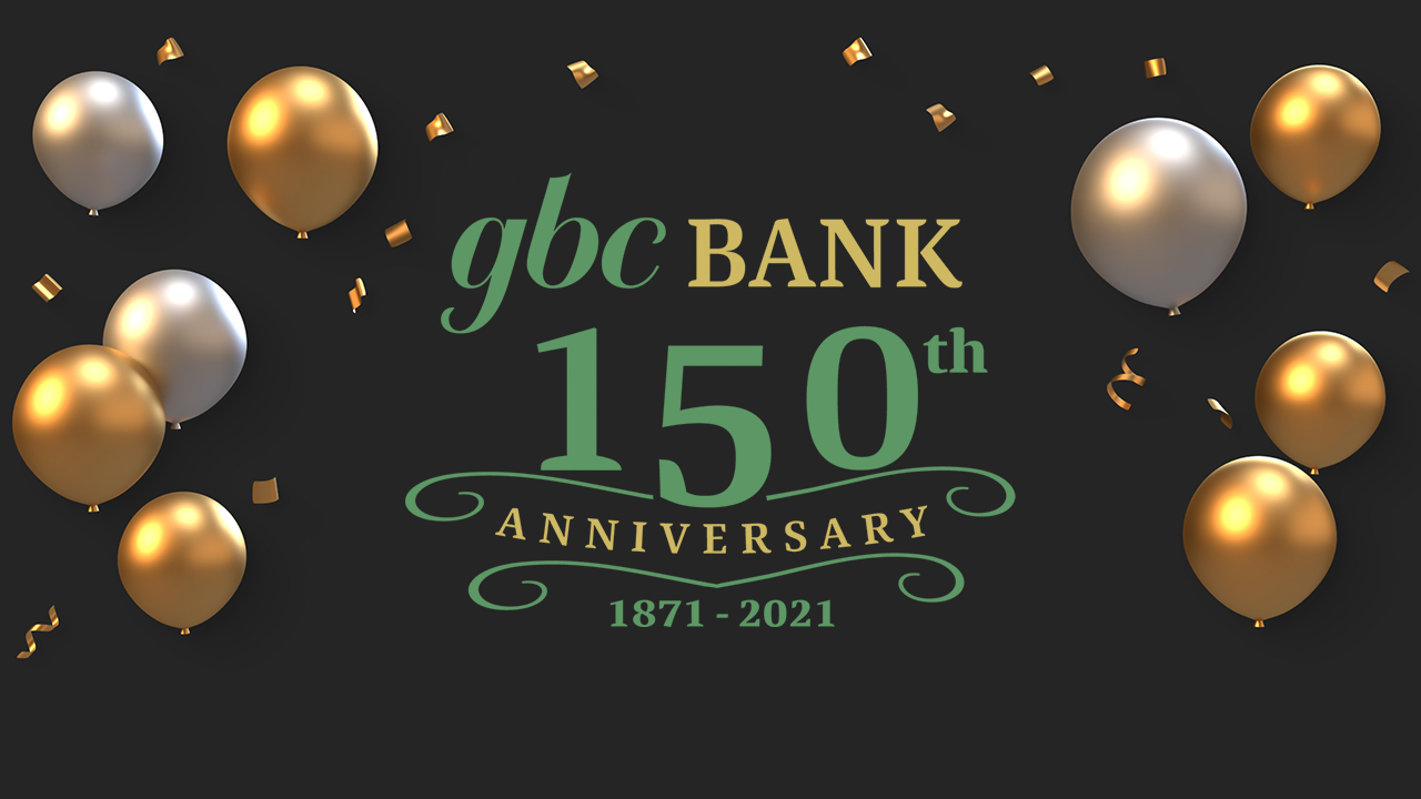 GBC Bank 150th anniversary logo on a black background surrounded by silver and gold balloons.