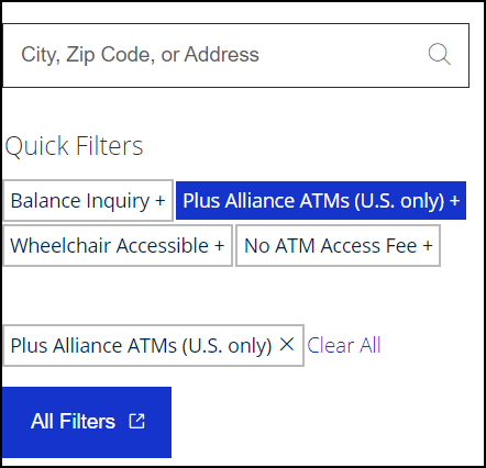 Screenshot of Plus Alliance filter applied to search query on Visa's Global ATM locator website